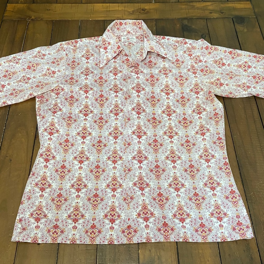 VTG 70s McAllister Dagger Collar Disco Shirt Mens M Paisley Geometric Orange